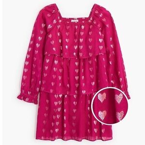 Crewcuts Dress Girls 7 Pink Fuchsia Metallic Shimmer Hearts Tiered Square Neck